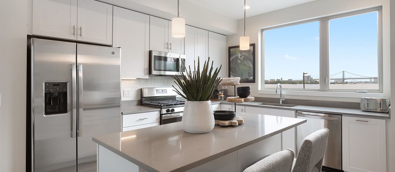 Modern kitchen with scenic view